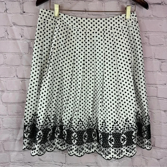 talbots petites midi pleated skirt black white polka dot scalloped hem sz 8P - Picture 2 of 8